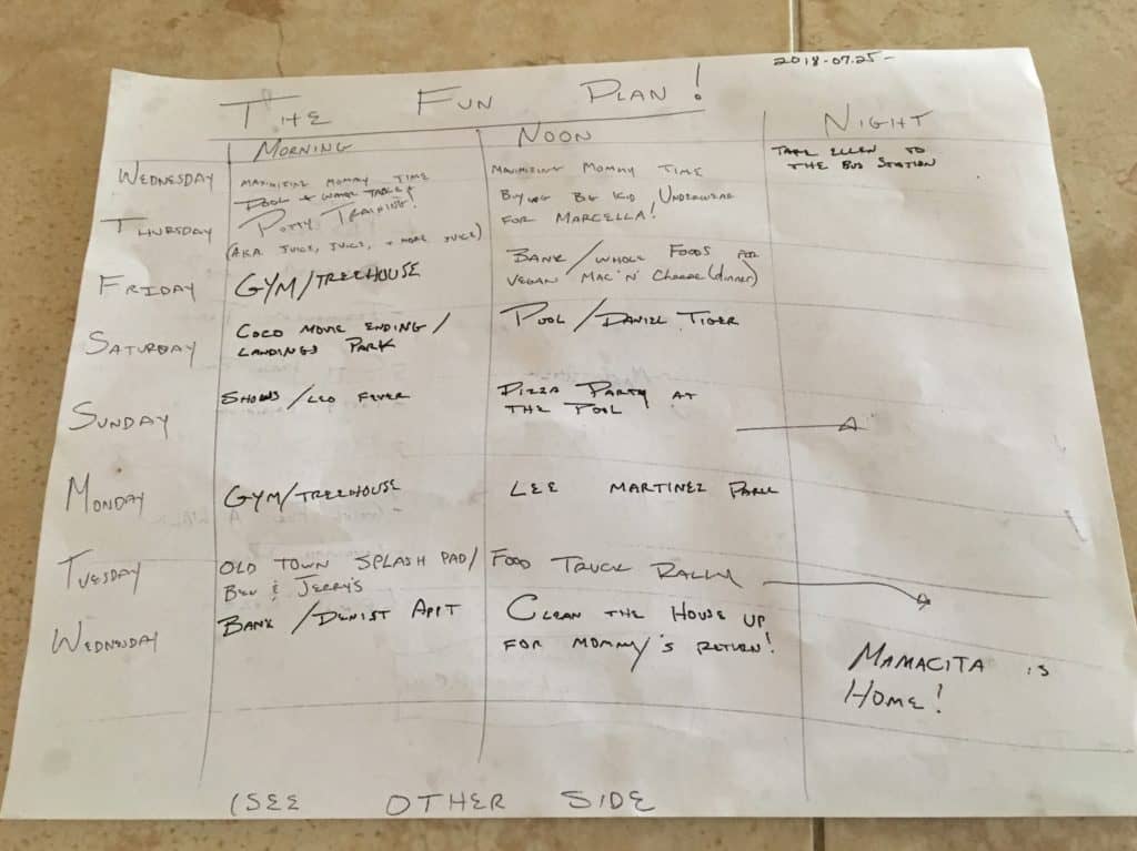 Michael sketched out the beginnings of this plan before I left and kept it updated throughout the week. I think he thought I would think they would do nothing but watch t.v. and eat junk food. They definitely did plenty of those two things, but lots of other great stuff too!