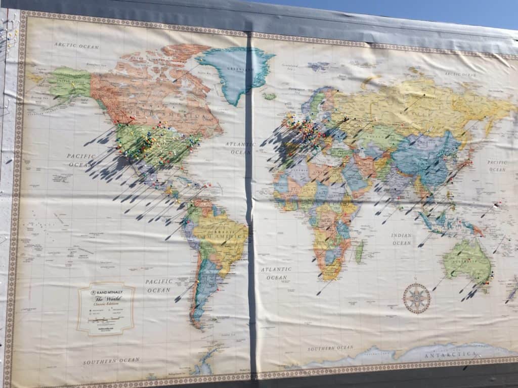 One of two pushpin maps set up in Glendo for visitors to represent their home states/countries.